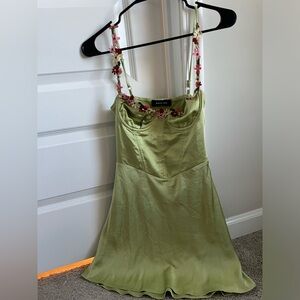 White Fox Green Satin Dress with Floral Straps